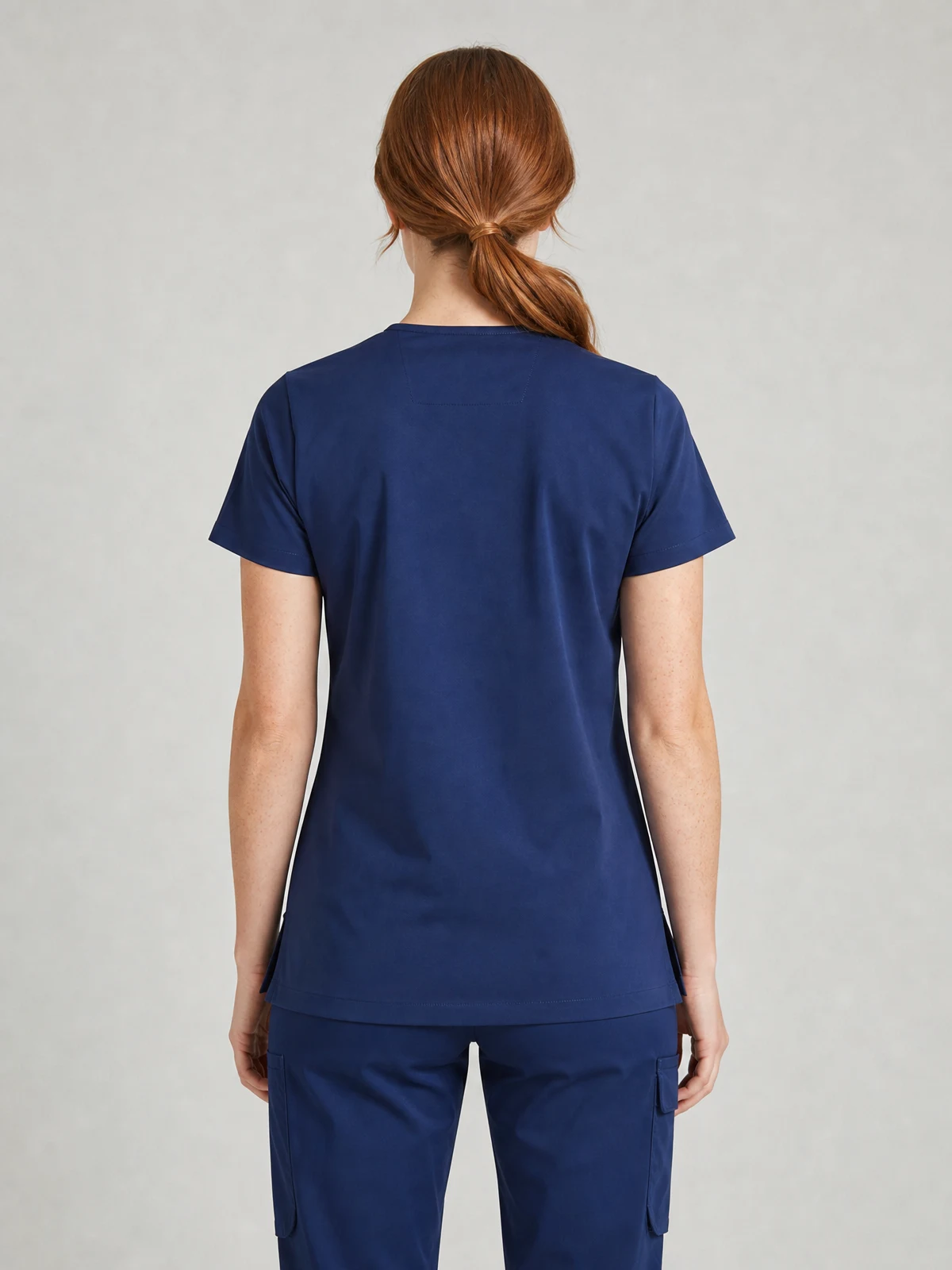 Ladies Scrub V-Neck Contrast Trim Top in Navy/Charcoal – back view
