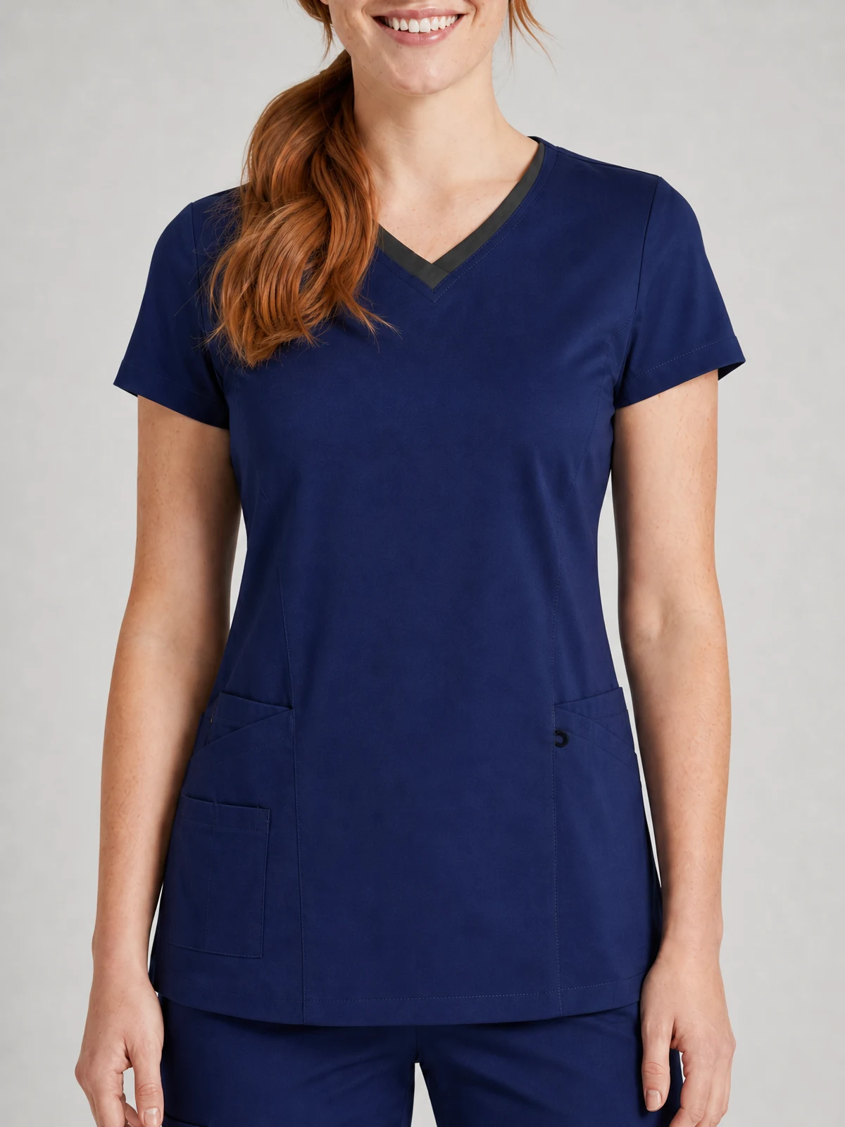 Ladies Scrub V-Neck Contrast Trim Top in Navy/Charcoal – close-up detail