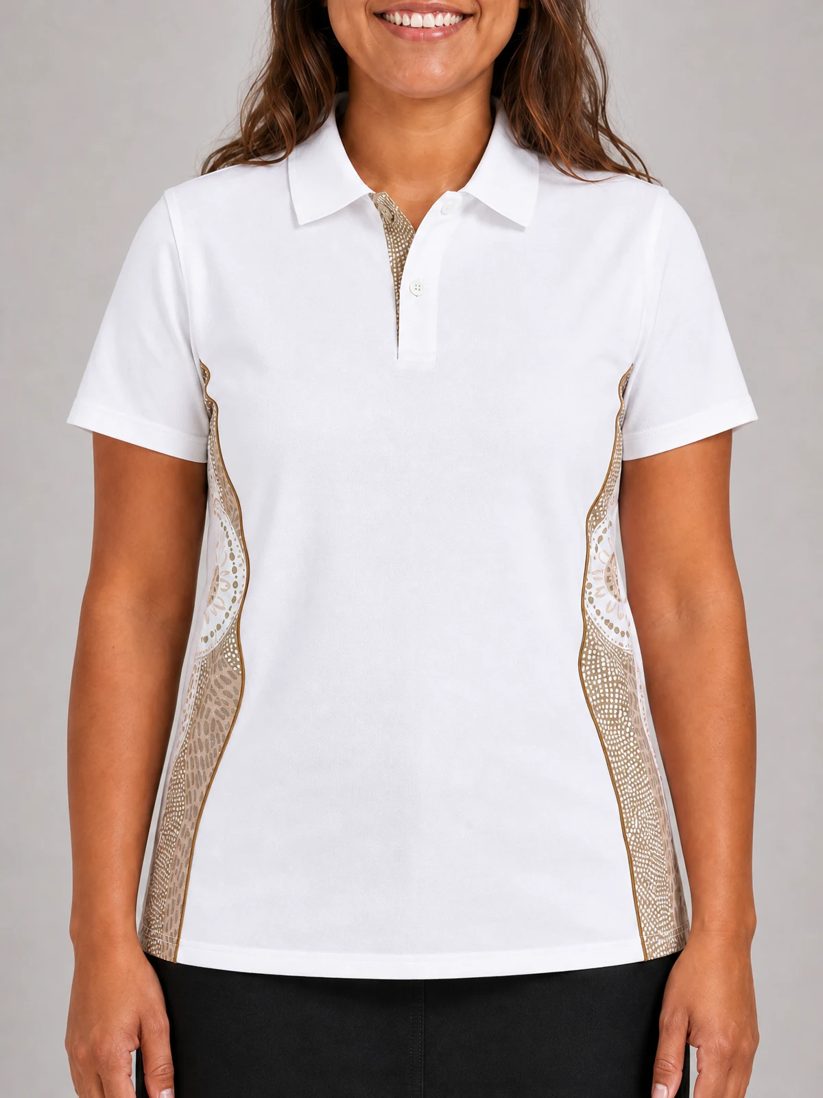 Unisex - Mountains White Bamboo (Simpson) Polo Shirt in White – close-up detail