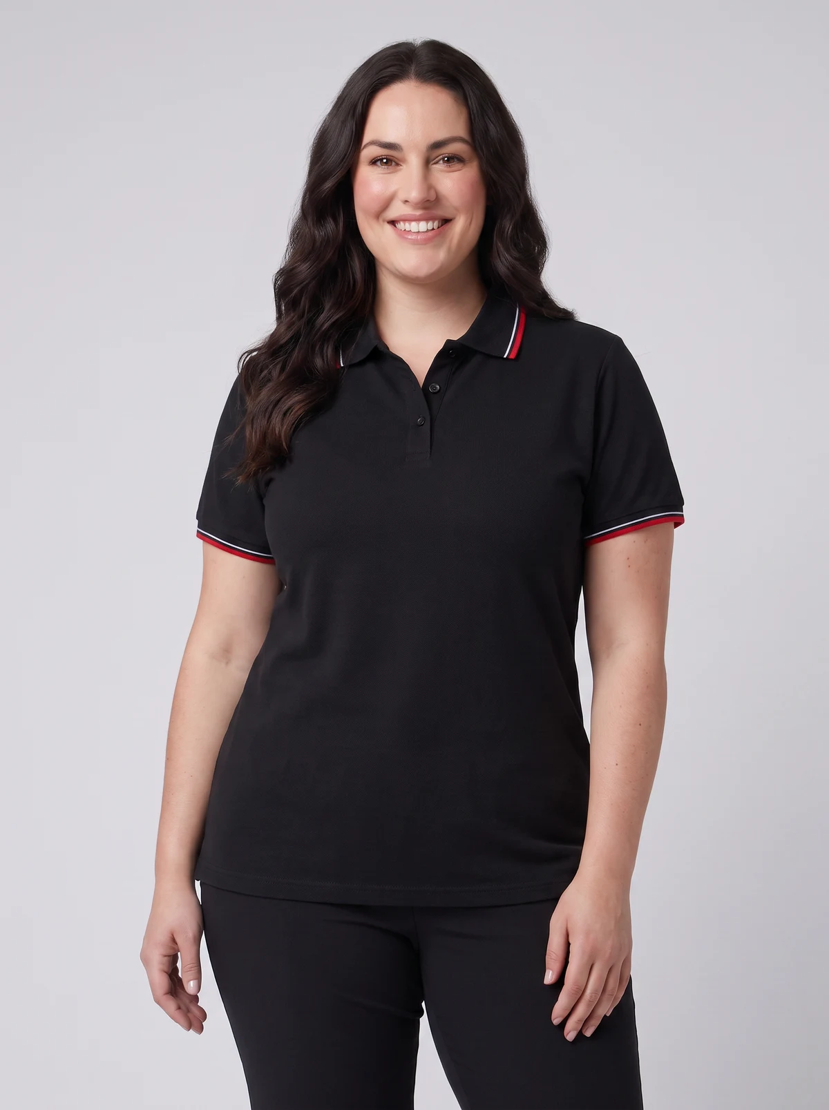 Ladies Cambridge Polo in Black/Red/White – front view