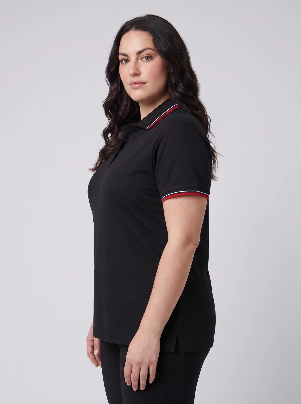 Ladies Cambridge Polo in Black/Red/White – side view