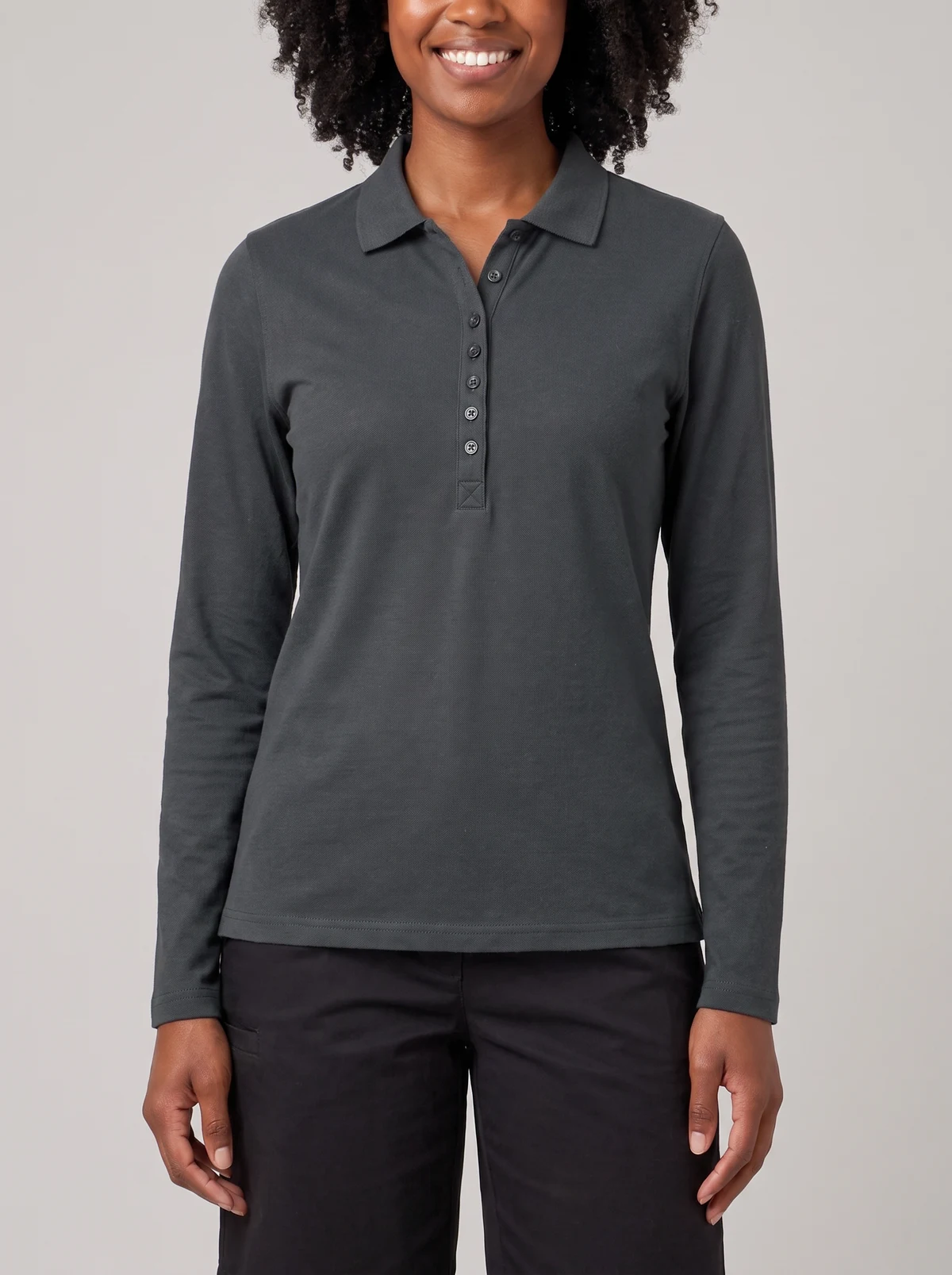 Crew Ladies L/S Polo in Charcoal – close-up detail