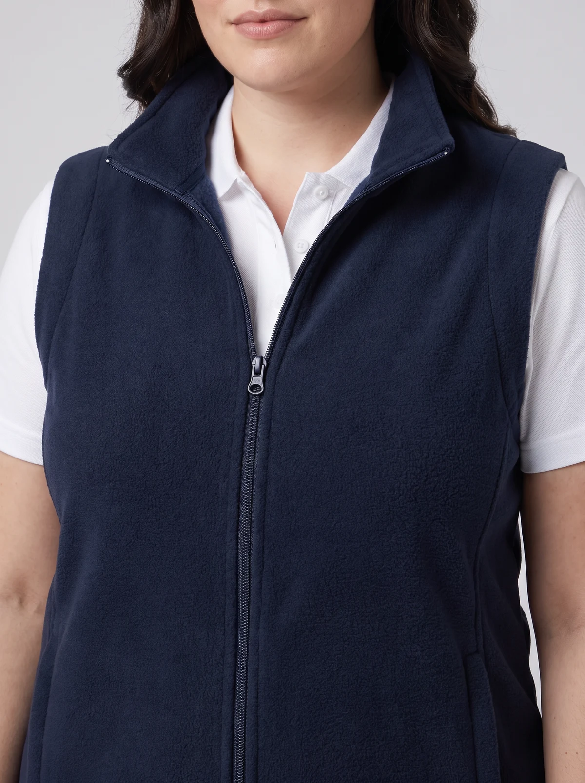 Ladies Plain Micro Fleece Vest in Navy – close-up detail