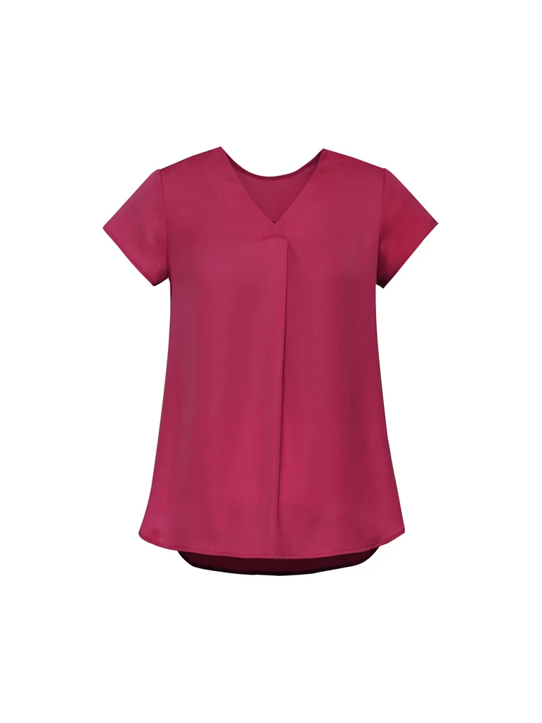 Women's Kayla V-Neck Pleat Blouse in Raspberry – front view