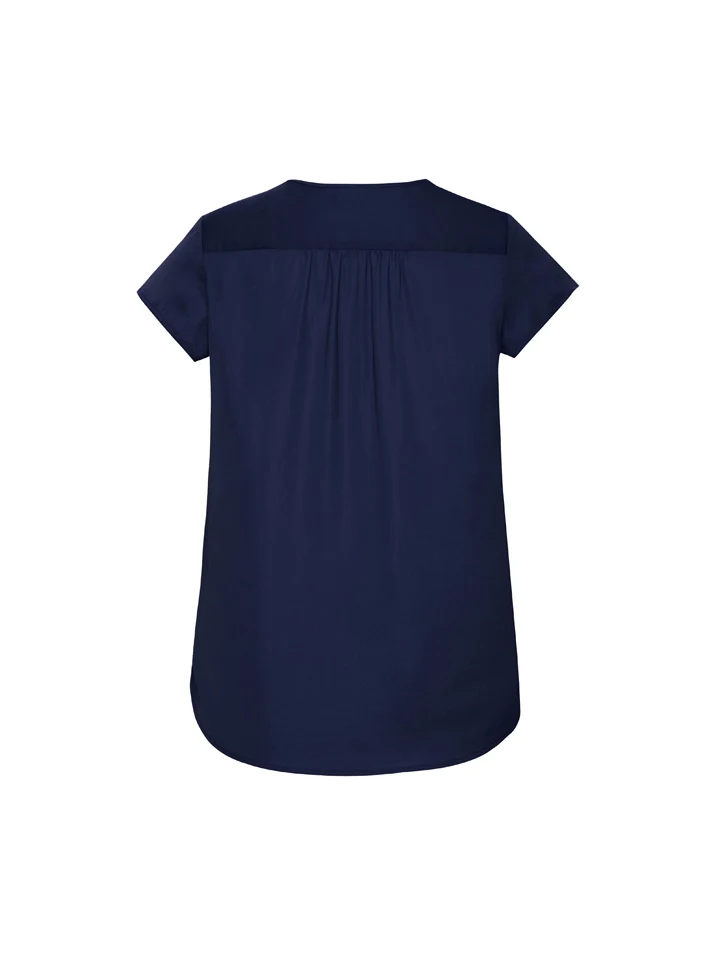 Women's Kayla V-Neck Pleat Blouse in Navy – back view