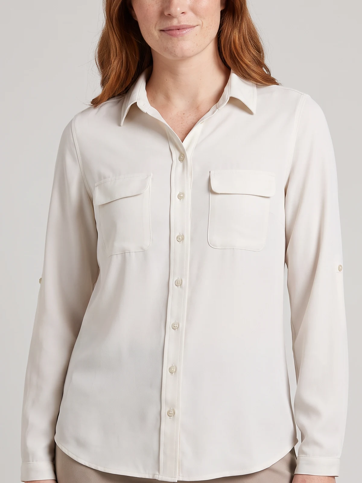 Ladies Madison Long Sleeve Blouse in Ivory – close-up detail