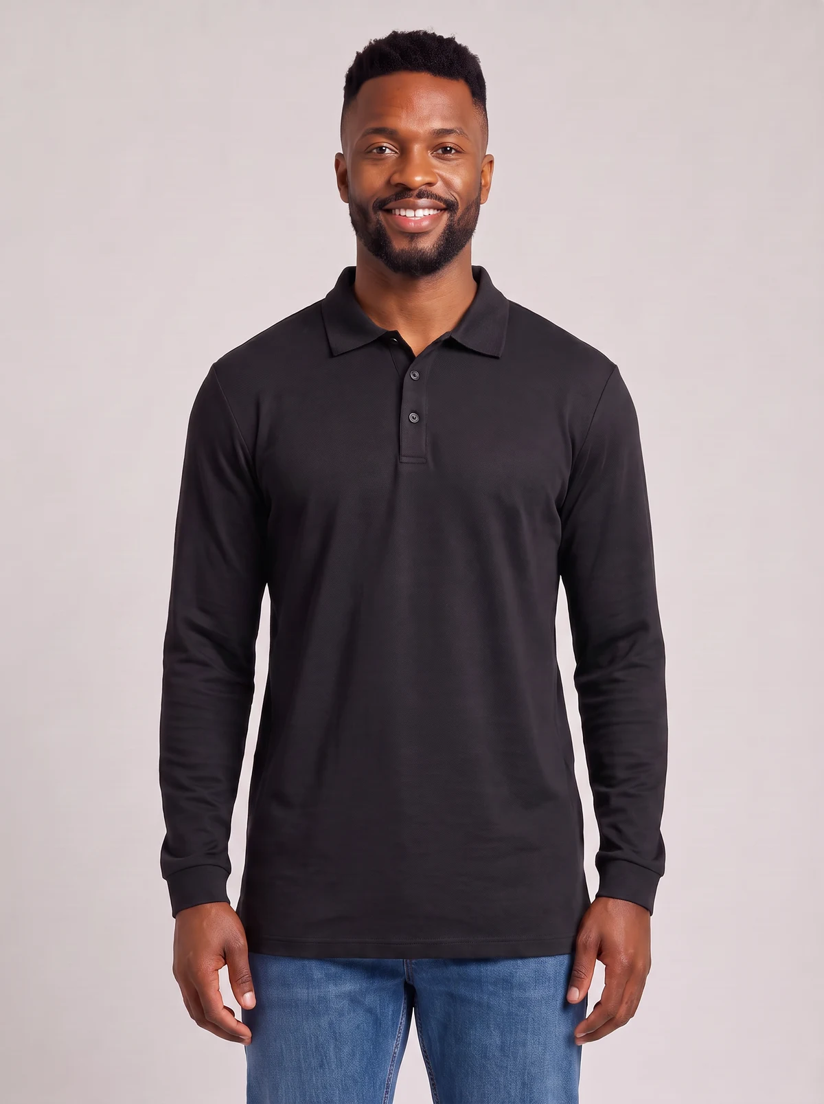 Men's Signature Long Sleeve Polo in Black – front view