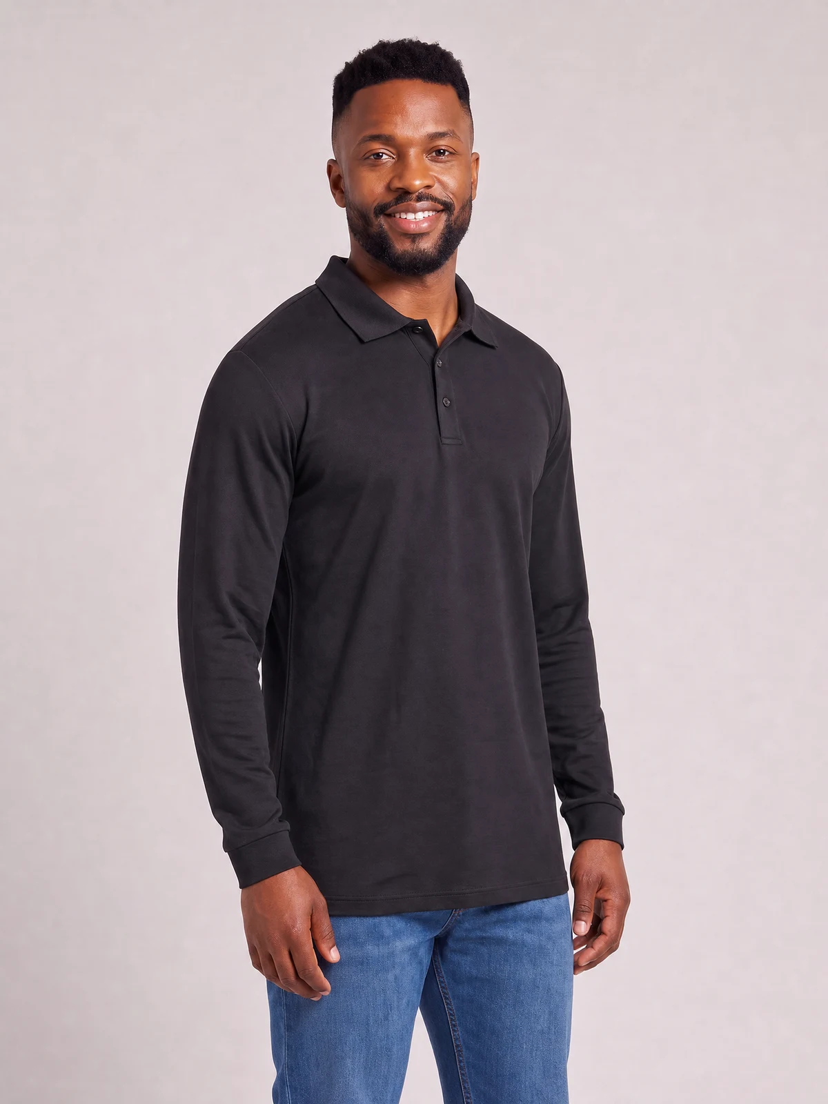 Men's Signature Long Sleeve Polo in Black – side view