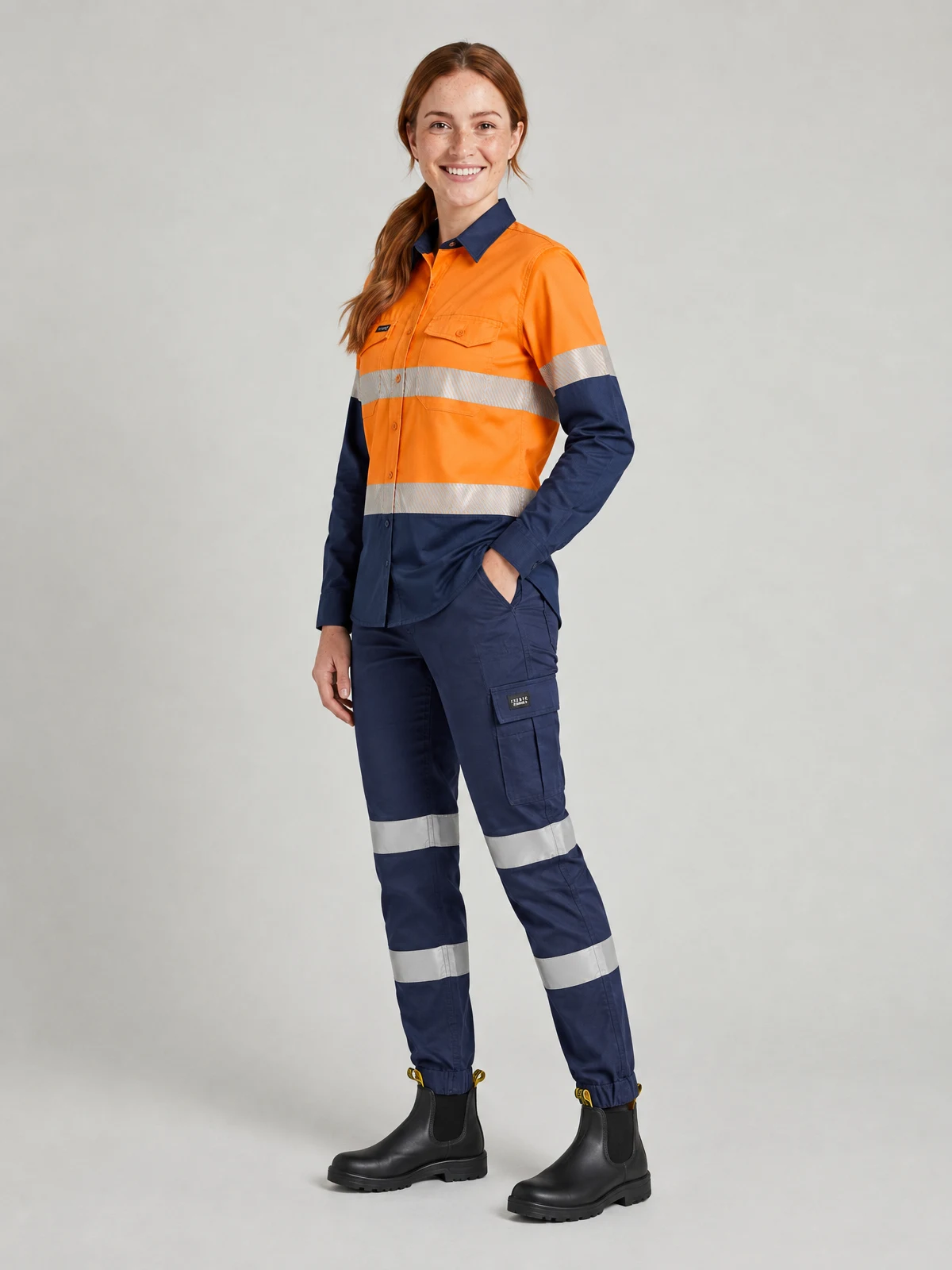 Women's Essential Stretch Taped Cargo Pant - Cuffed in Navy – side view