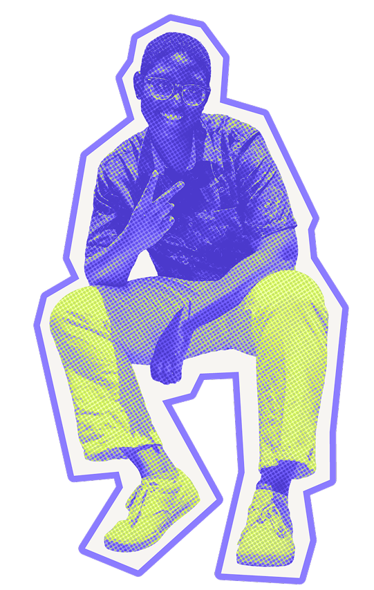 Halftone-style portrait of Benji seated and holding up a peace sign