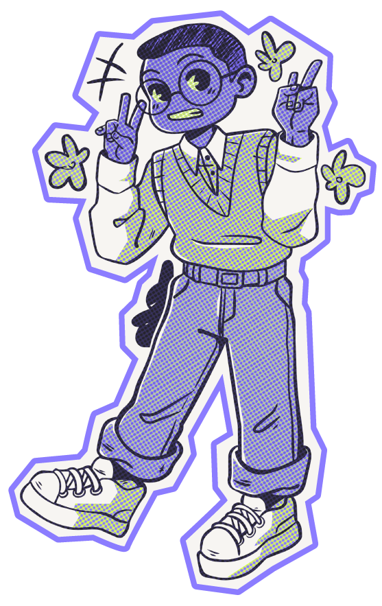 Halftone-style illustration of Jordanne smiling and making peace signs