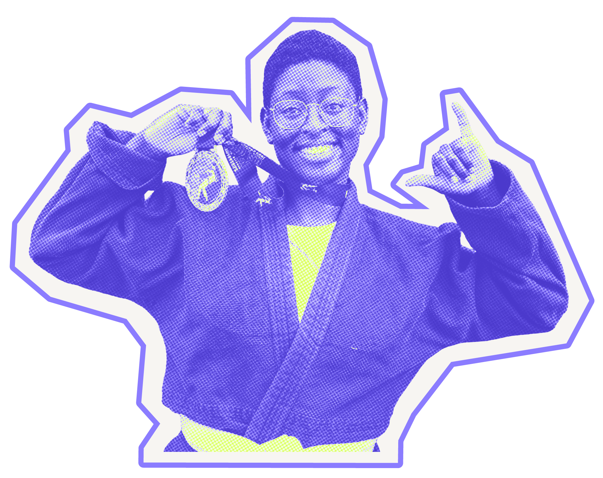 Halftone-style image of Jordanne in gi holding up a medal