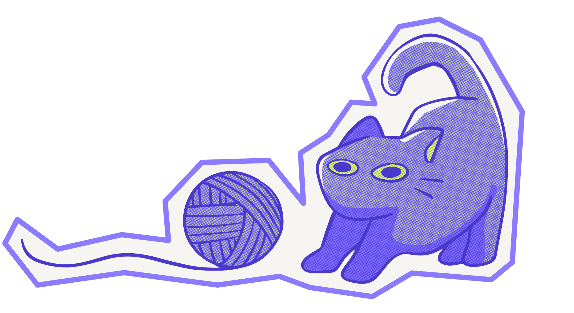 Halftone-style illustration of a cat playing with a ball of yarn