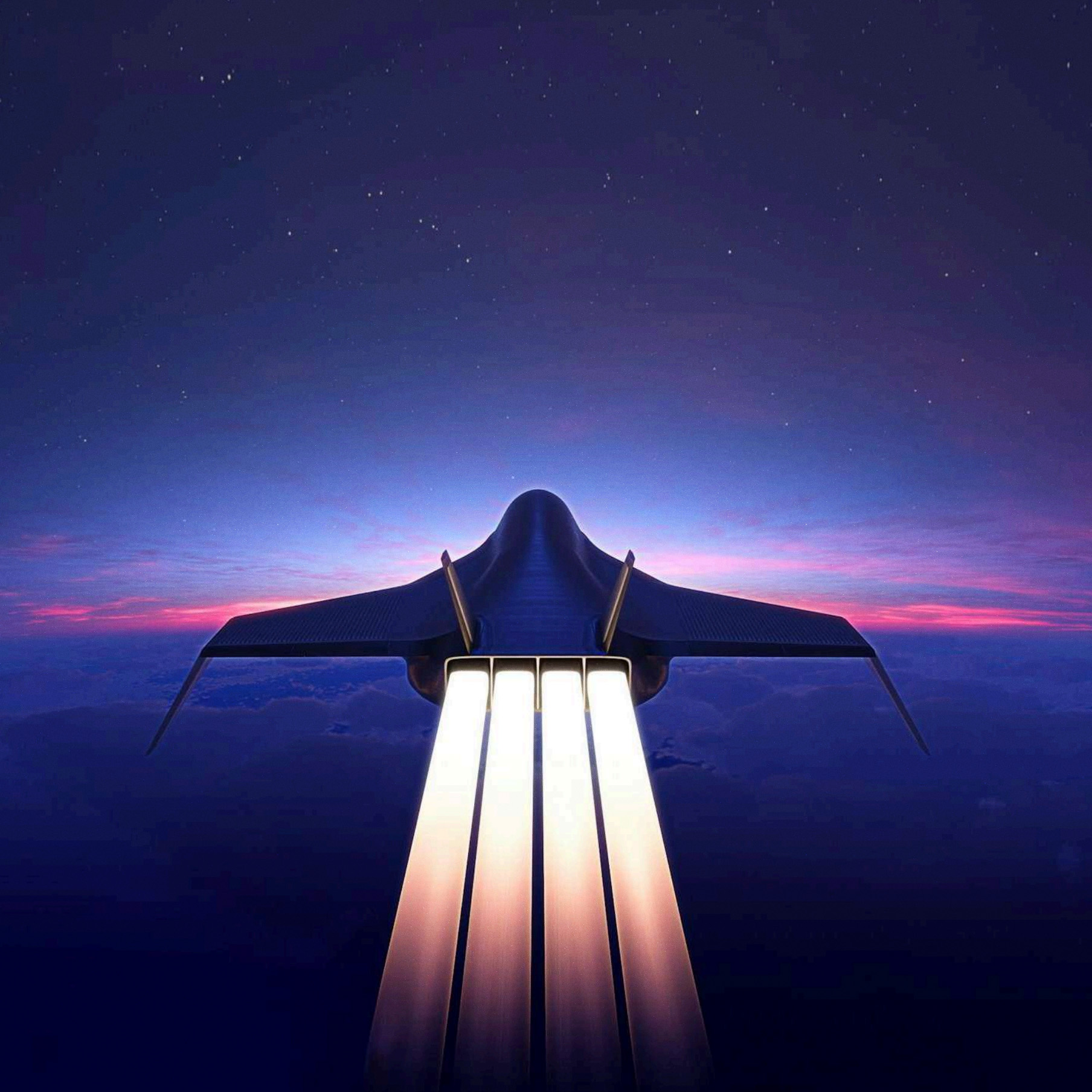 A European jet flying into a sunset