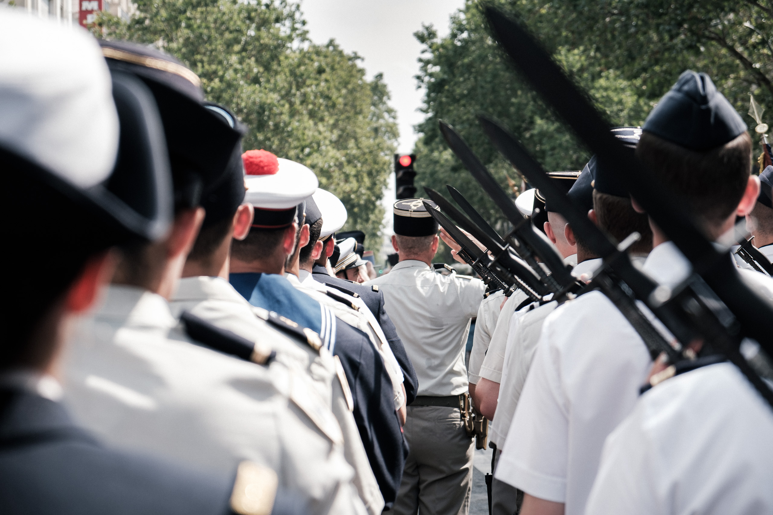 Uniformed servicemen in line seen from behind, bayonets raised, trees beyond.