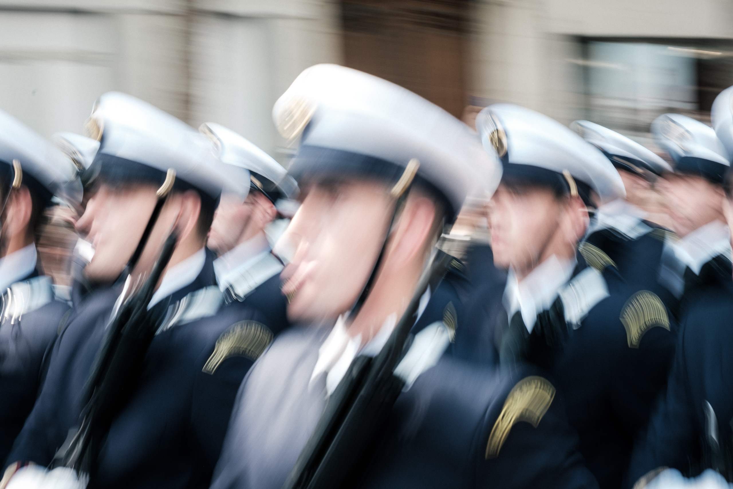 Naval cadets marching in motion blur, Paris