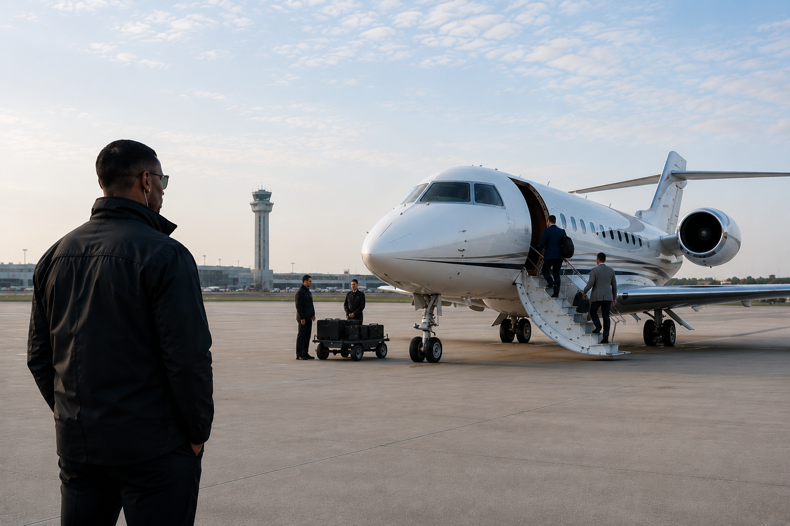Executive protection team beside a private jet