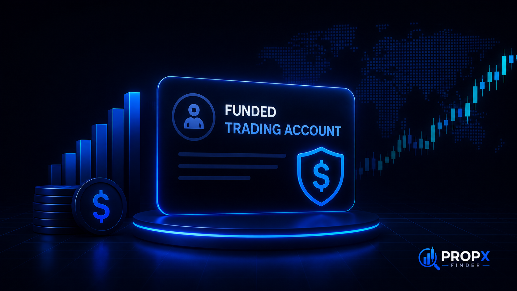 funded trading account concept - trader icon and office building split by a profit-sharing divide
