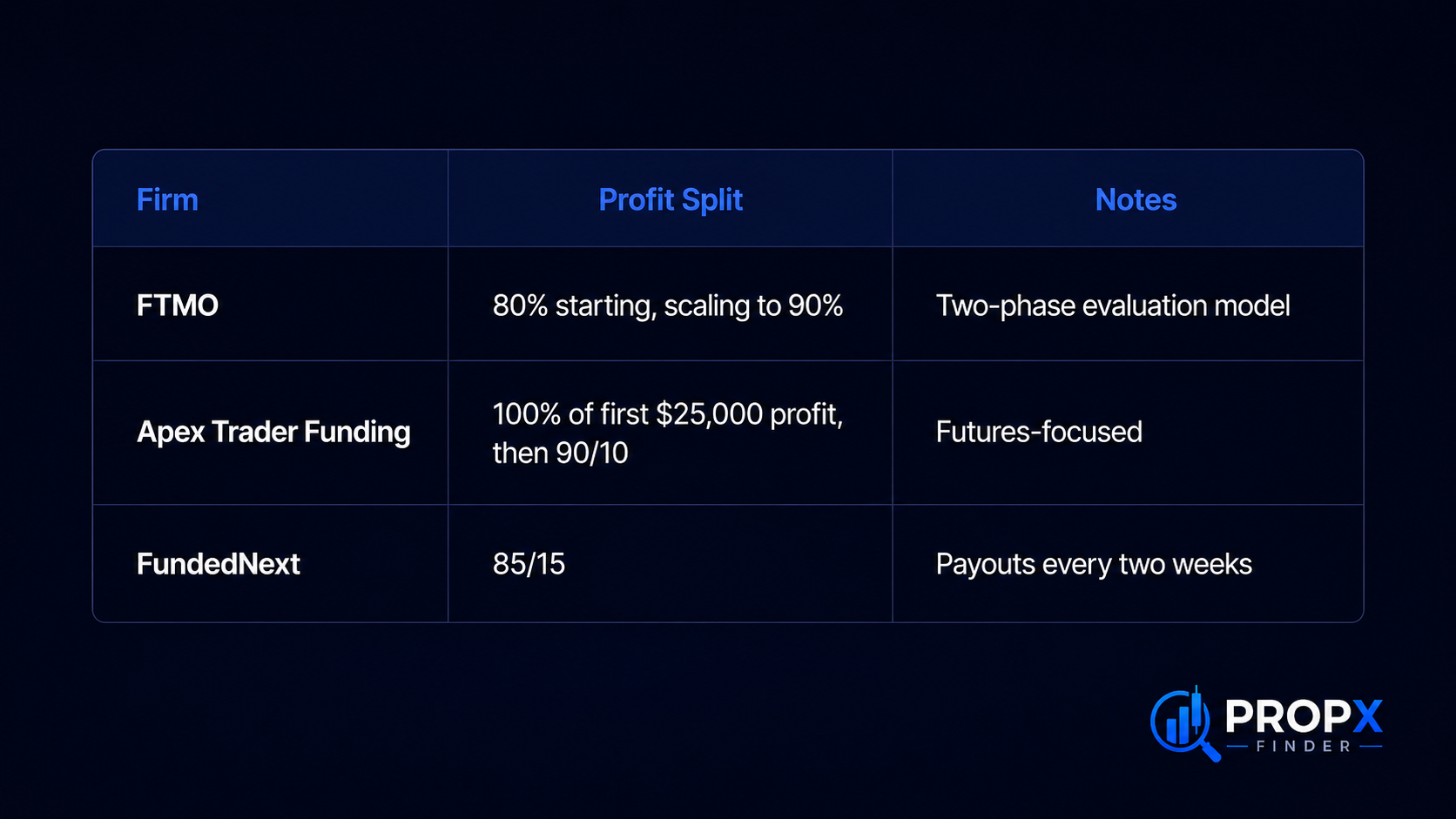 comparison table of profit split percentages and payout terms across FTMO, Apex Trader Funding, and FundedNext prop trading firms