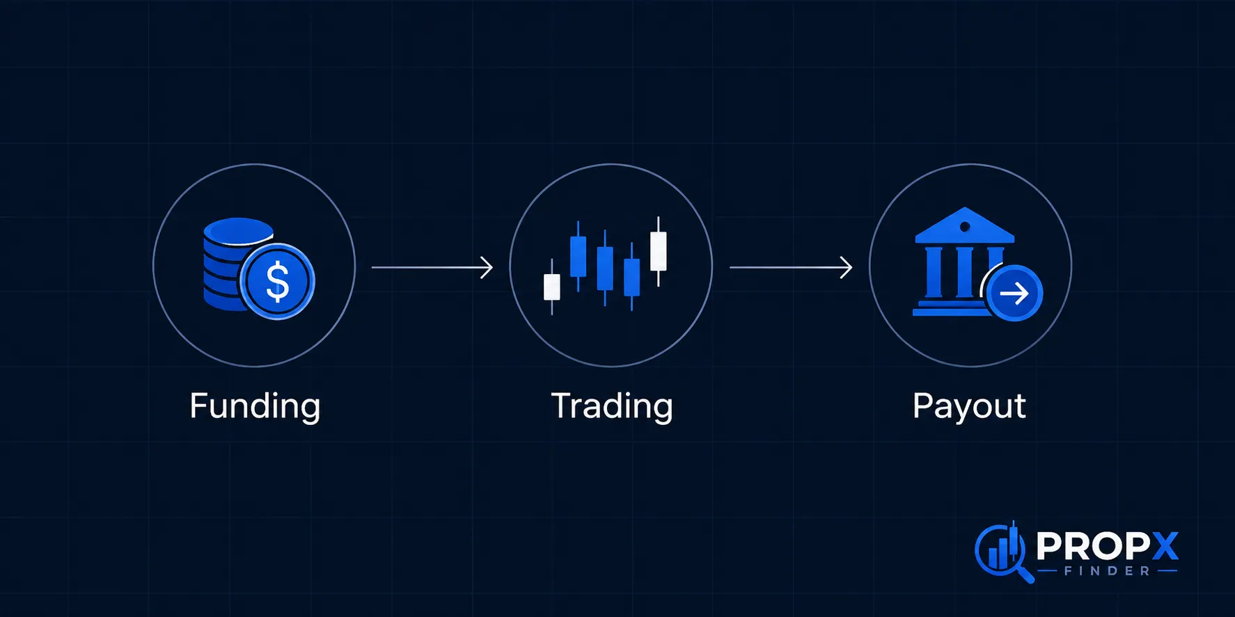 funded trading account payout process diagram - funding to trading to payout cycle