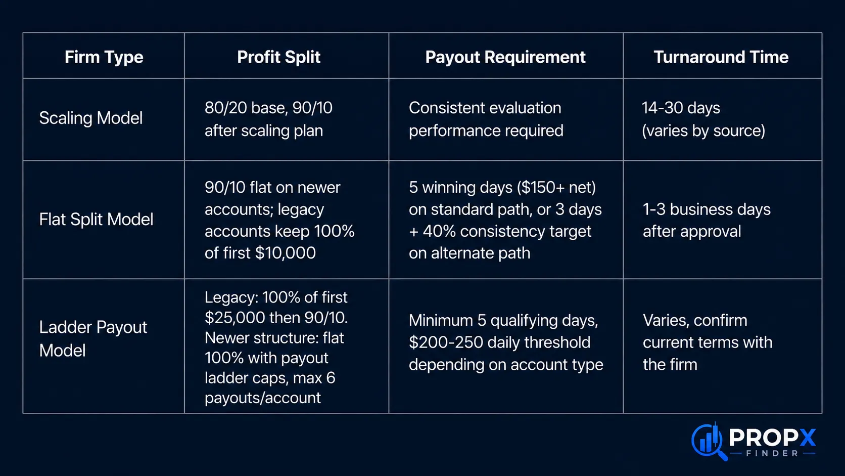 prop firm profit split comparison table - three common payout models