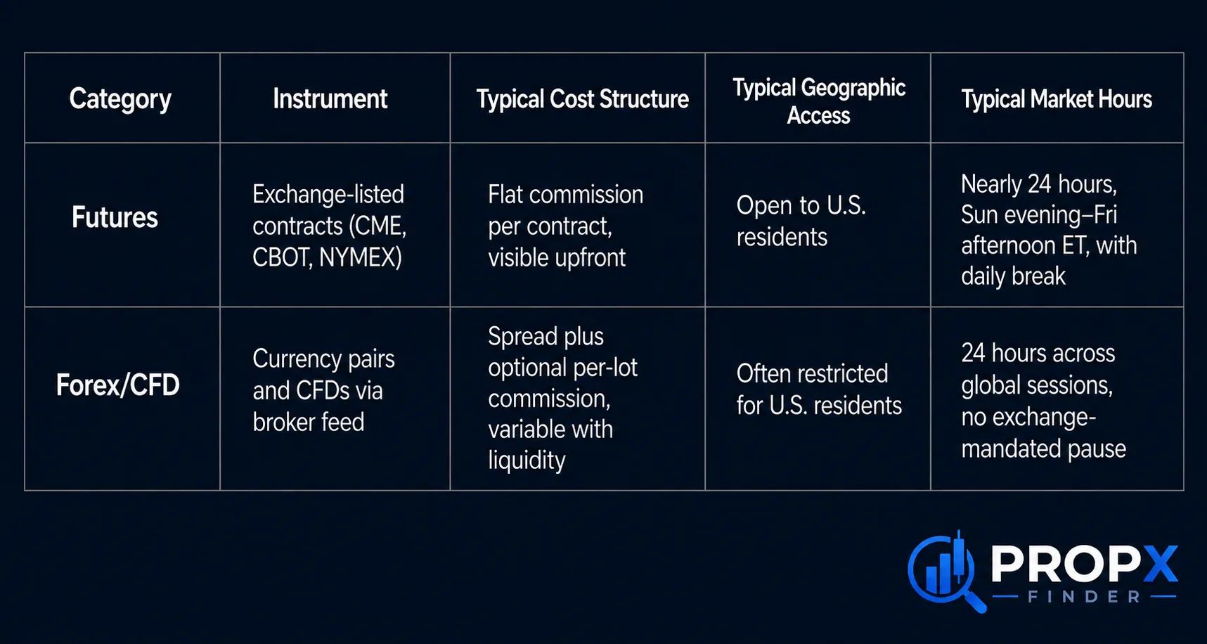 comparison table of futures prop firms and forex CFD prop firms by instrument, cost, access, and hours