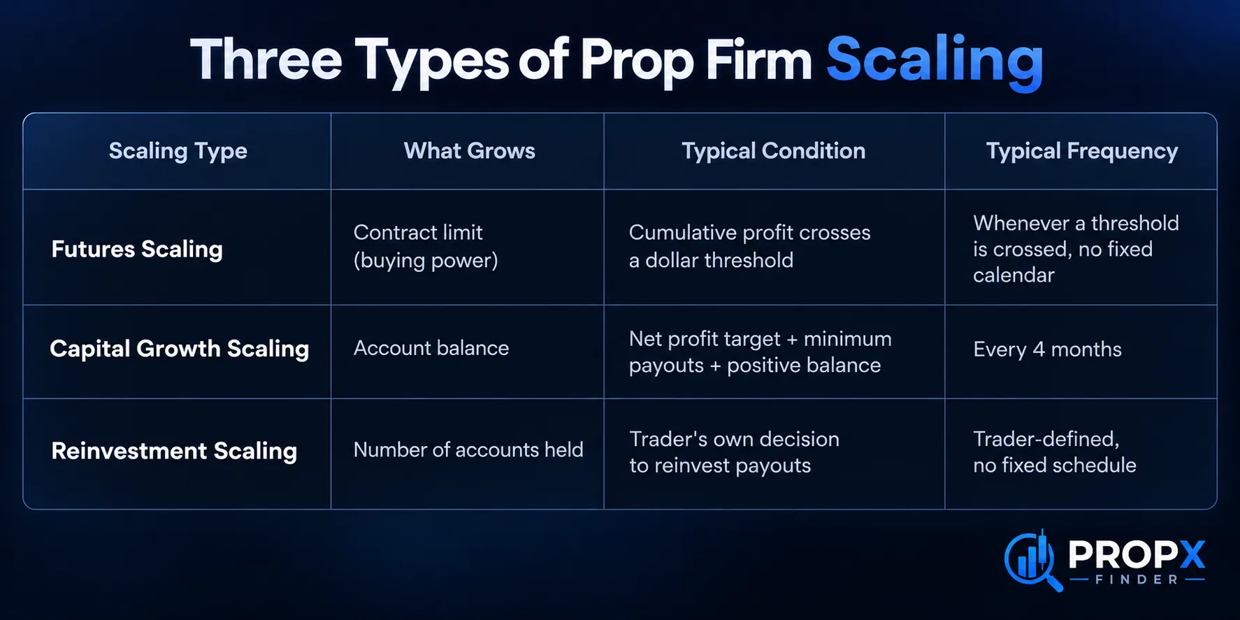 comparison table of three prop firm scaling types: futures contract limits, capital growth, and reinvestment