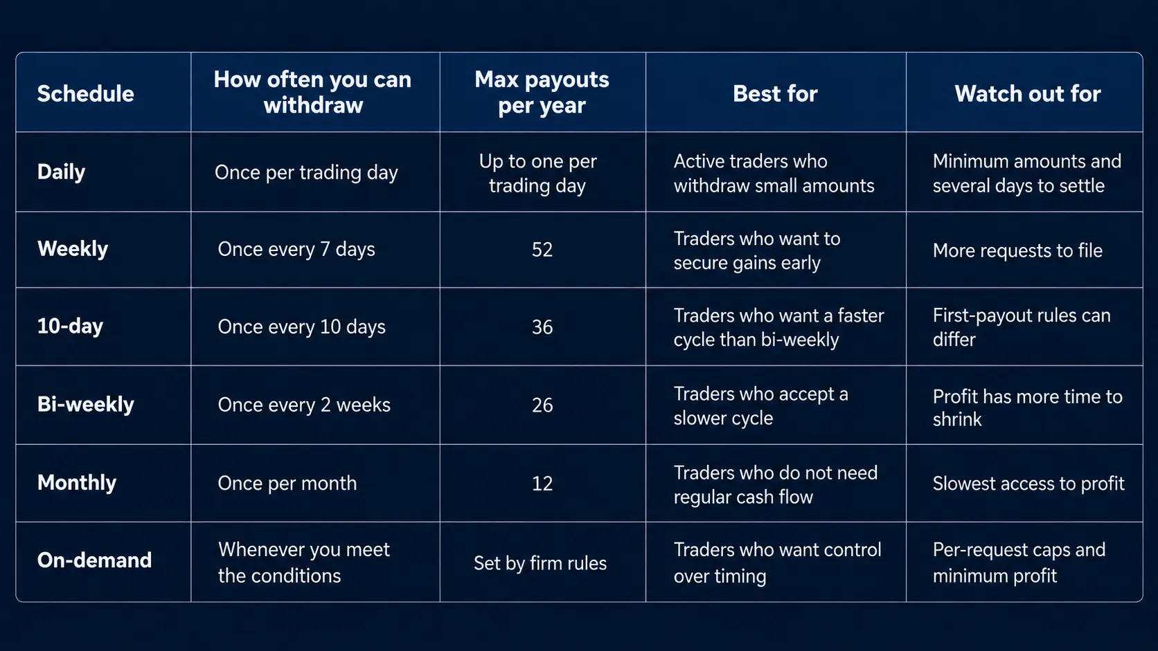 comparison table of prop firm payout schedules - daily, weekly, 10-day, bi-weekly, monthly and on-demand