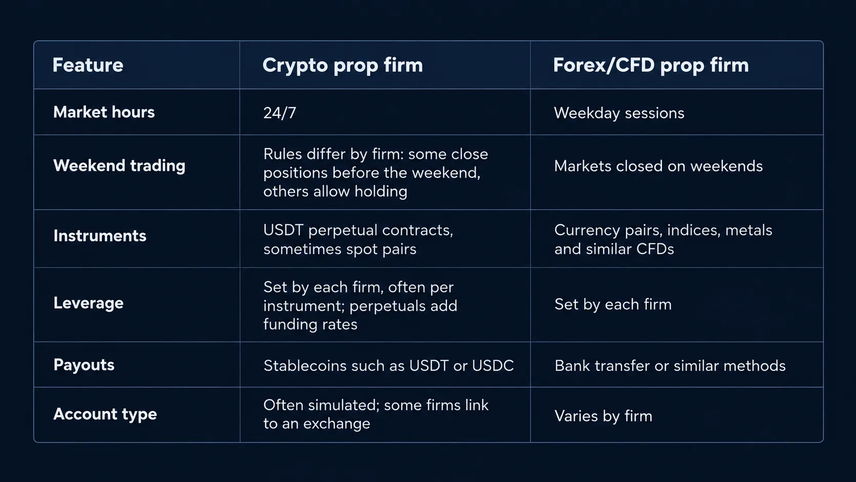 comparison table of crypto vs forex prop firm trading rules - market hours, weekends, instruments, leverage, payouts and account type