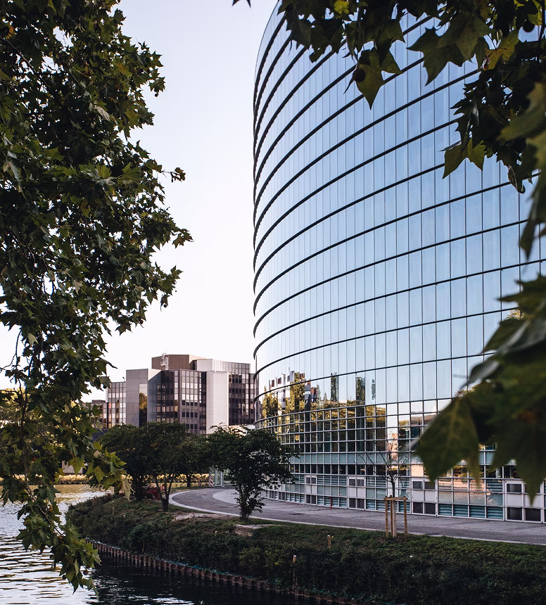 A modern tower near the river