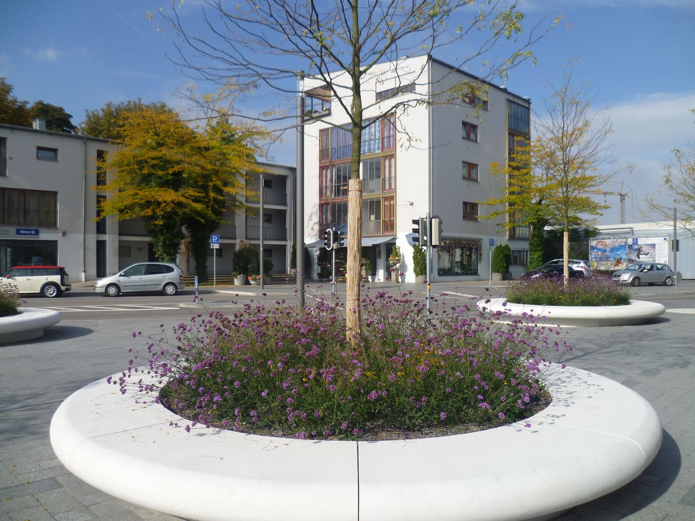 Nordbahnhof Ingolstadt: Pflanzinsel mit Baum vor Wohnhäusern
