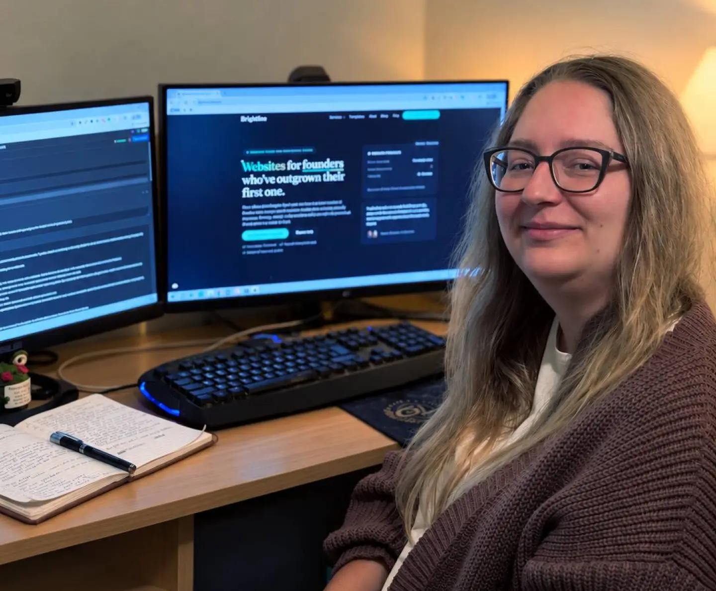 Michaela, Brightline co-founder, smiling at her desk with the Brightline homepage on her monitor
