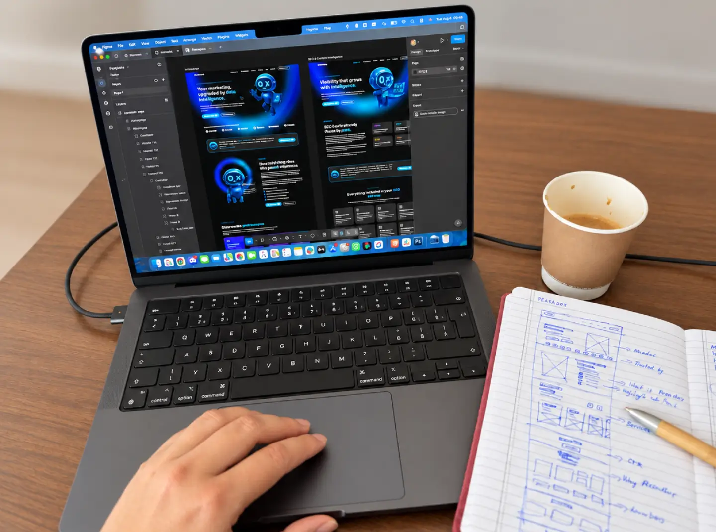 Laptop with a landing page design open in Figma, next to a coffee cup and a notebook of hand-drawn wireframes