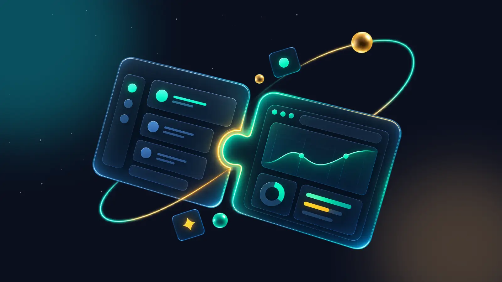 Illustration of two glowing interface panels fitting together like puzzle pieces, circled by a teal and gold orbit line