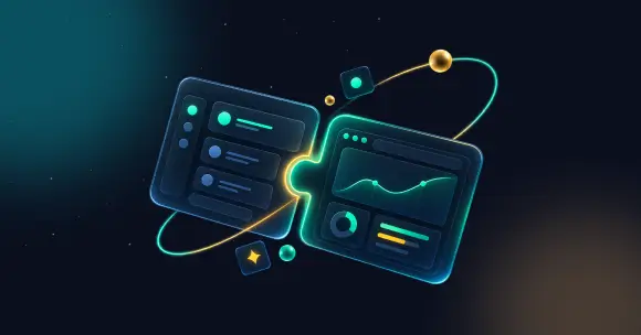 Illustration of two glowing interface panels fitting together like puzzle pieces, circled by a teal and gold orbit line