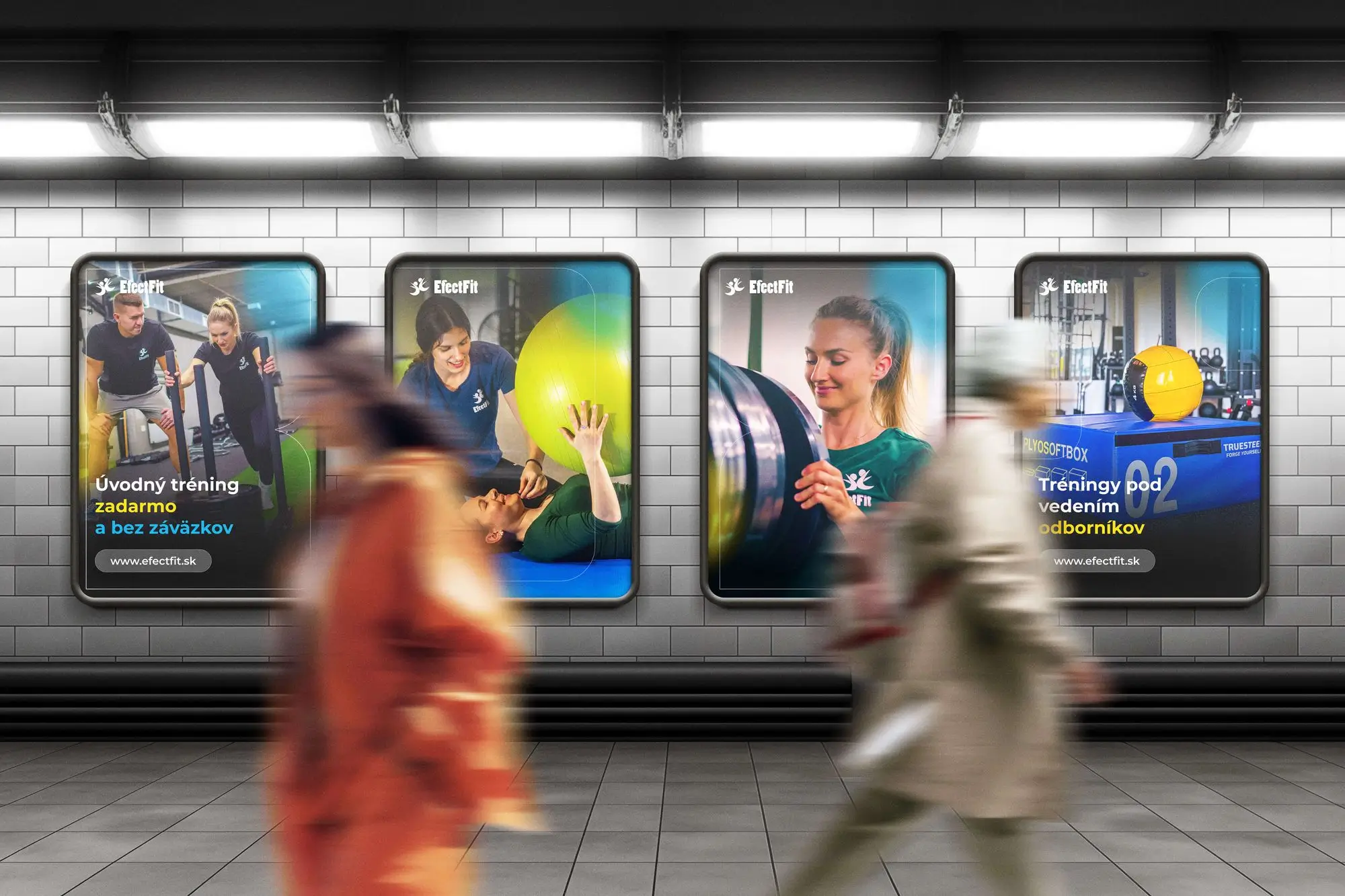 EfectFit posters for a free intro training, on a subway station wall