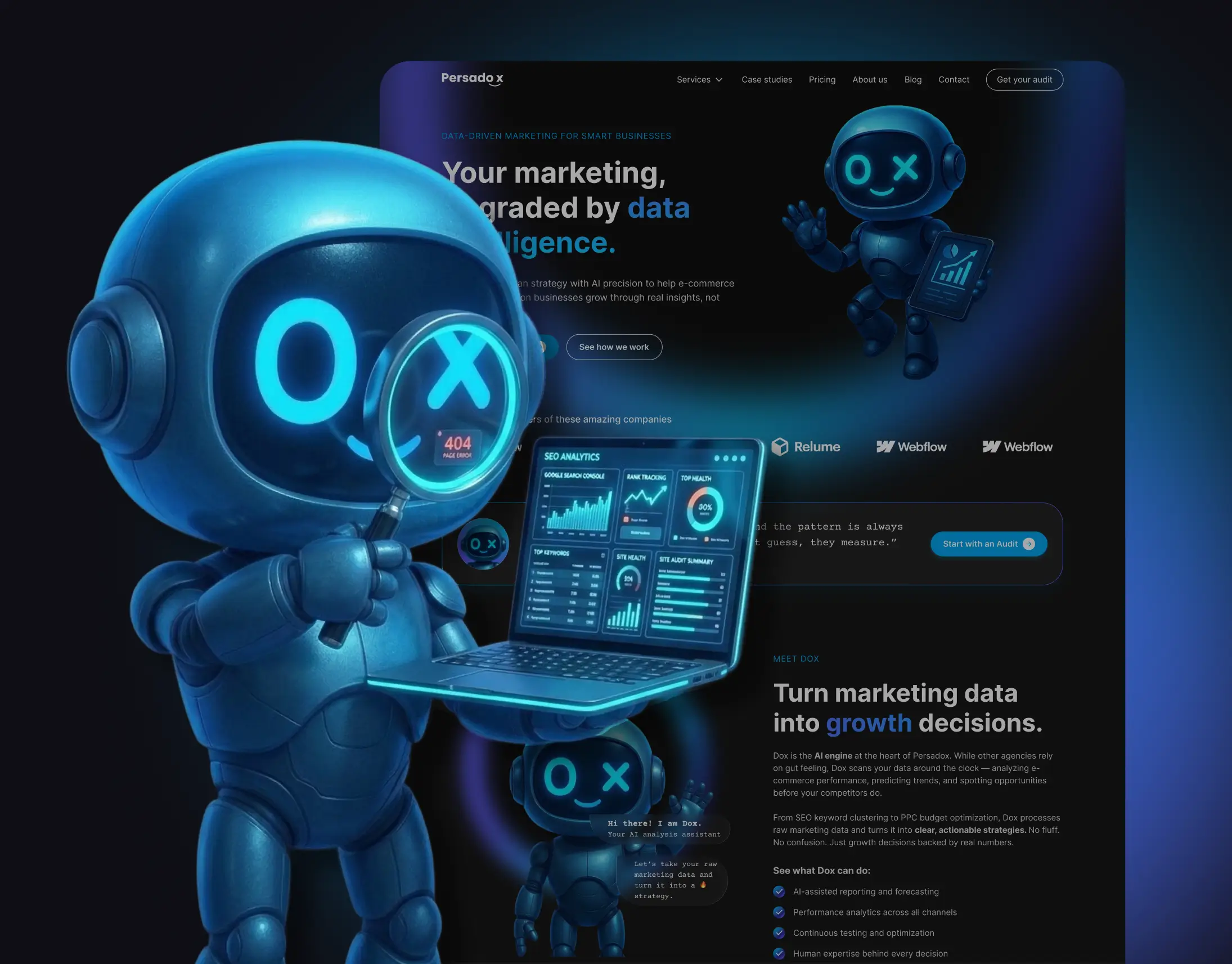 Persadox homepage design featuring Dox, the AI assistant mascot