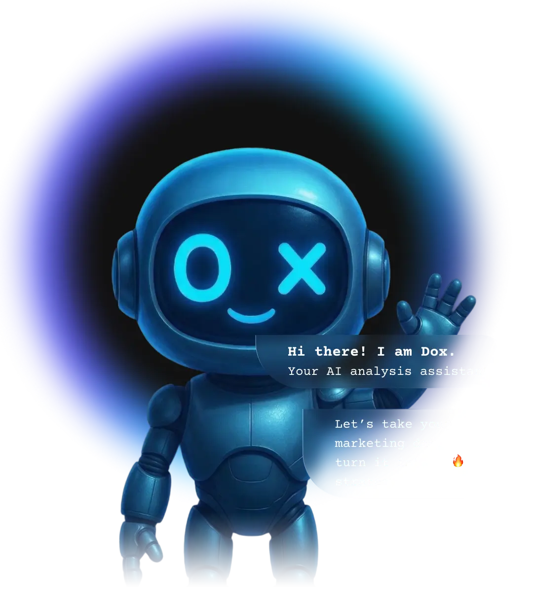 Dox, the Persadox mascot, waving next to a chat bubble introducing itself as an AI analysis assistant
