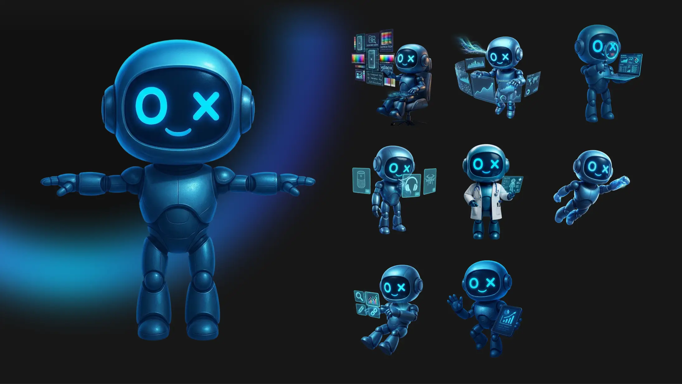 Dox mascot character sheet: the blue robot in a range of poses