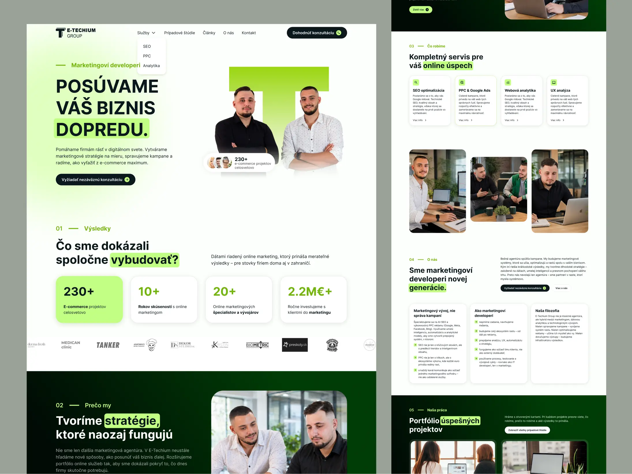 E-Techium website redesign: the homepage and a service page side by side