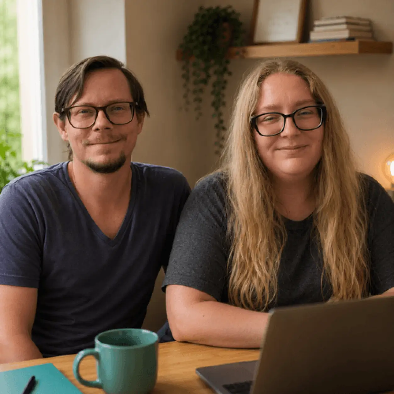 Michaela and Mike, the two people behind Brightline, at a table with a laptop