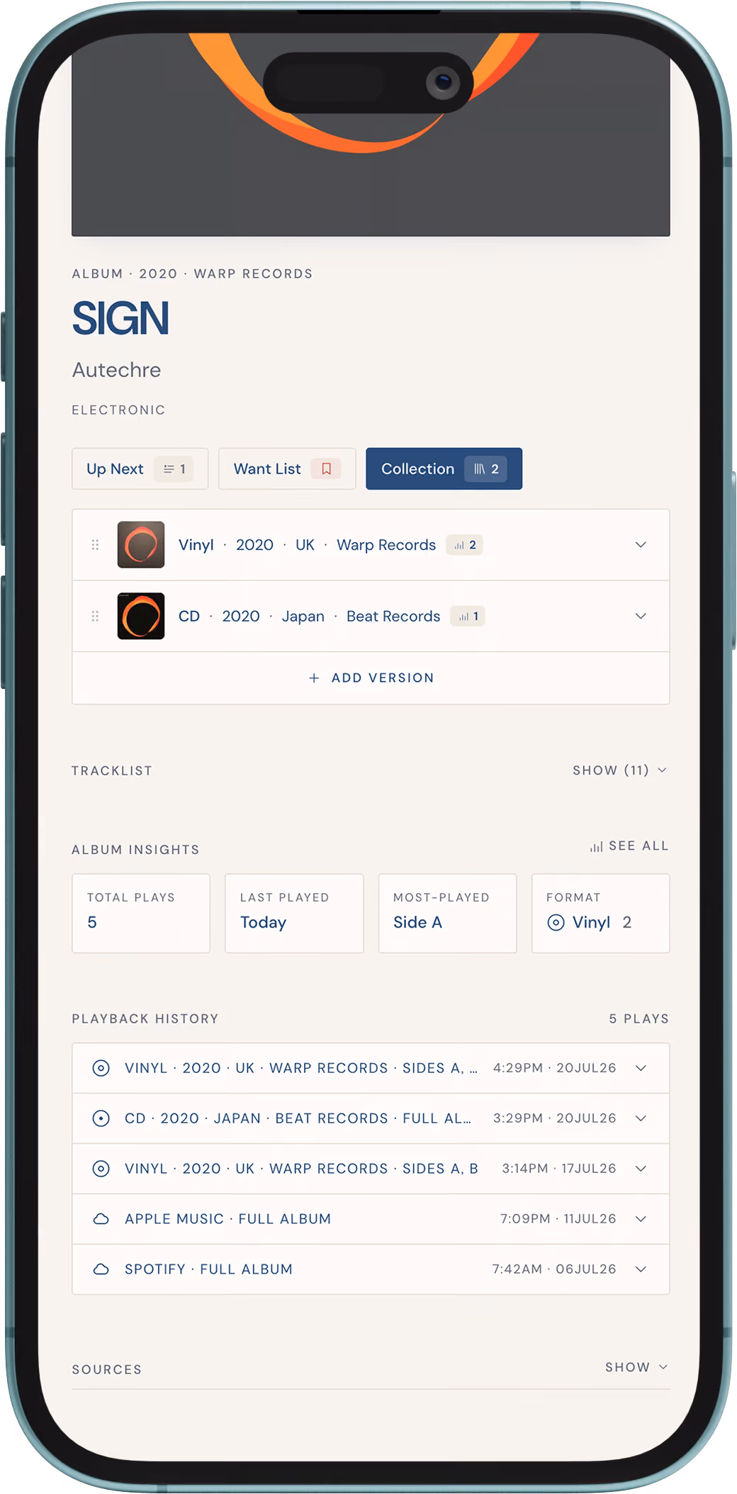 Kollekta app on mobile phone showing multiple pressings of the Daft Punk Album Random Access Memories