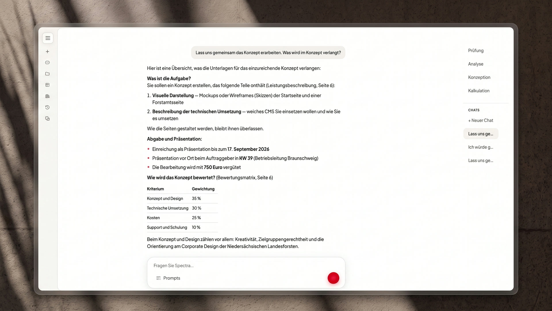 Spectra im Chat: Übersicht der Anforderungen an das Konzept mit Aufgabe, Abgabe und Bewertungsmatrix