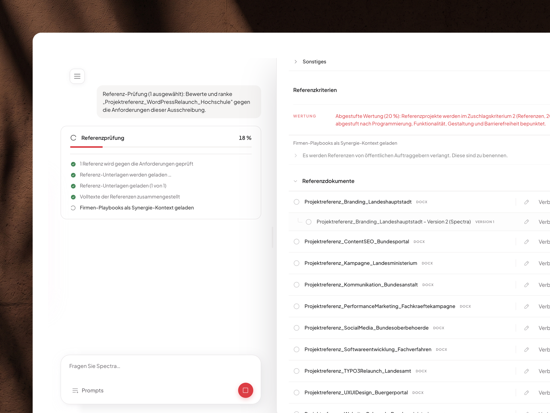 Referenzprüfung: eine Projektreferenz wird gegen die Wertungskriterien der Ausschreibung geprüft
