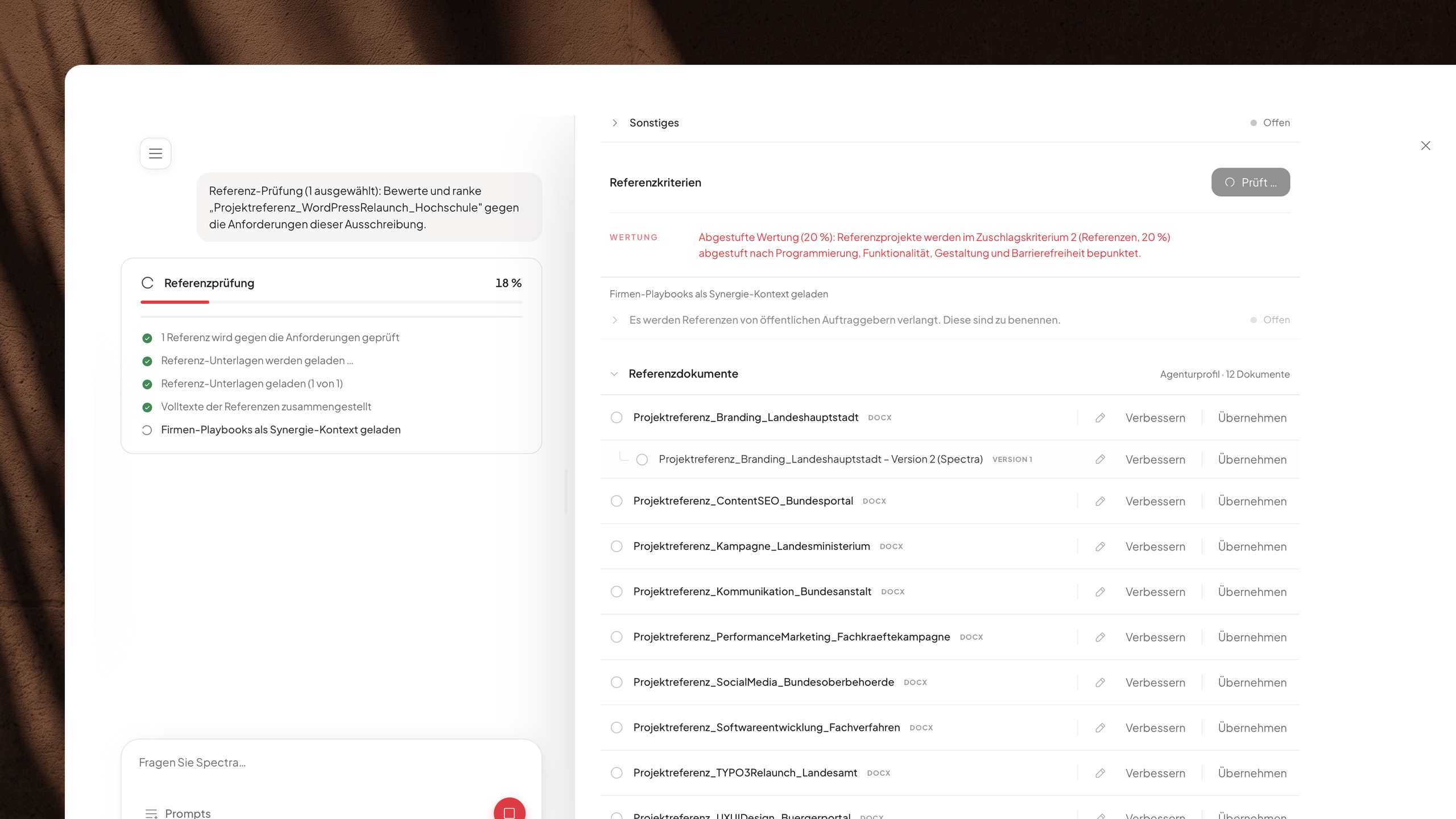 Referenzprüfung mit Bewertung je Kriterium und Liste der geprüften Projektreferenzen