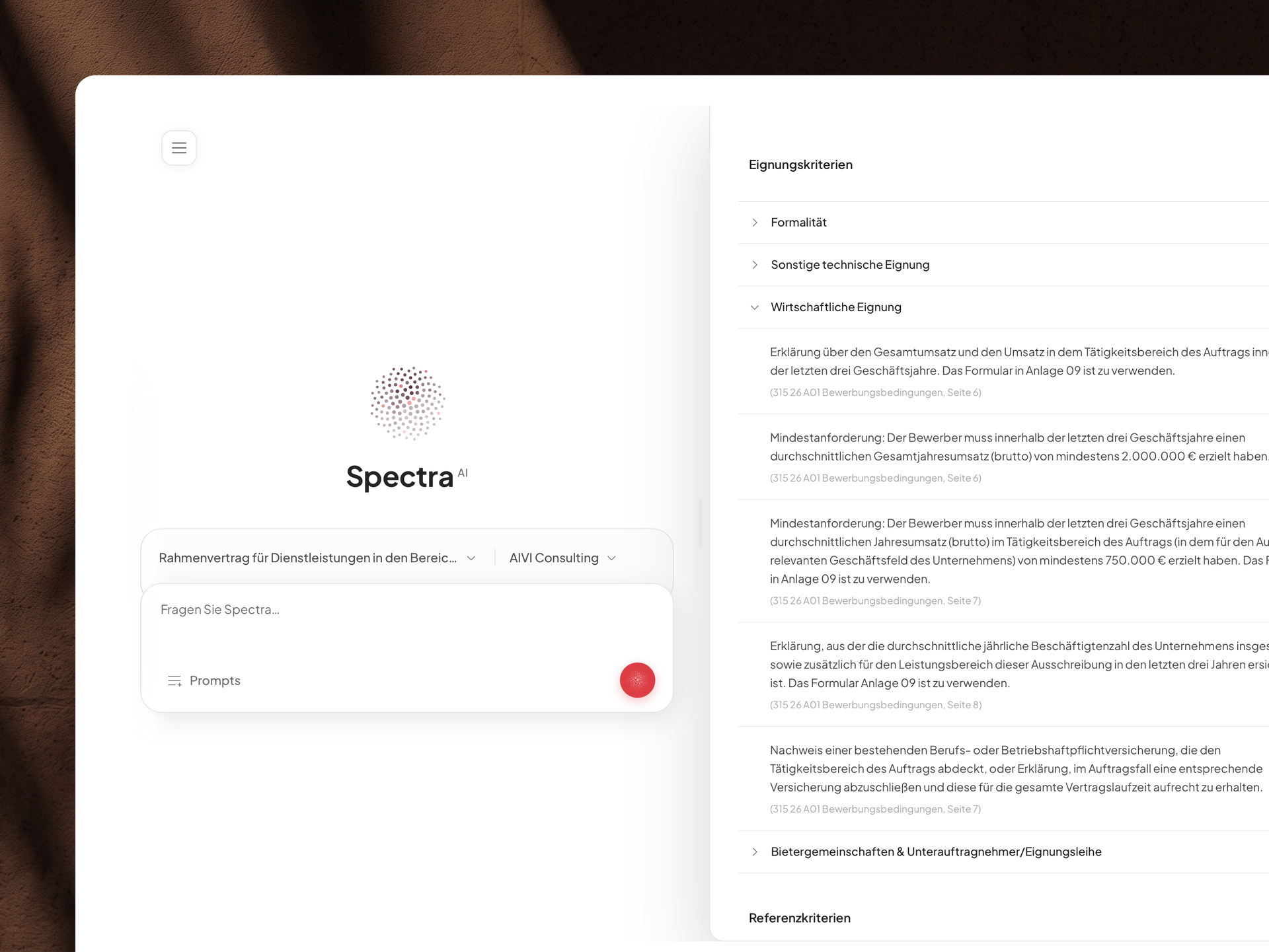 Spectra AI mit den Eignungskriterien des ausgewählten Verfahrens daneben