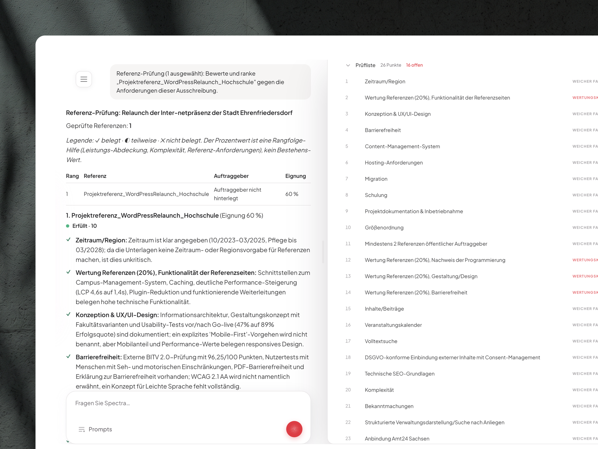 Referenzprüfung mit Prüfliste, bewerteten Kriterien und Eignungswert je Referenz