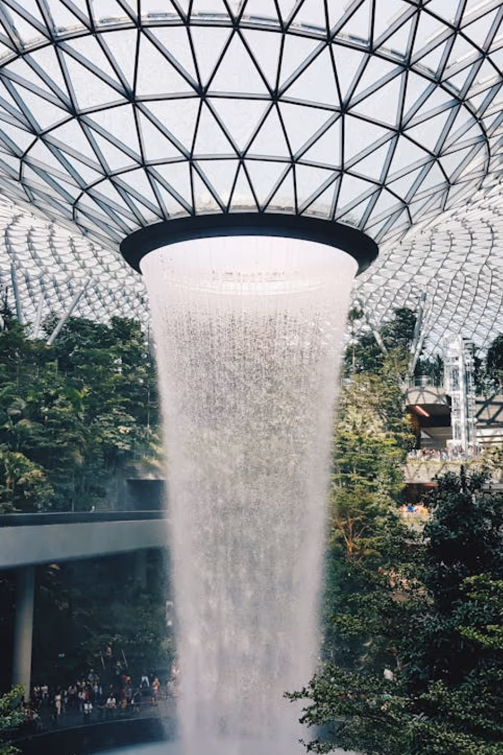 Fountain pouring from a glass ceiling