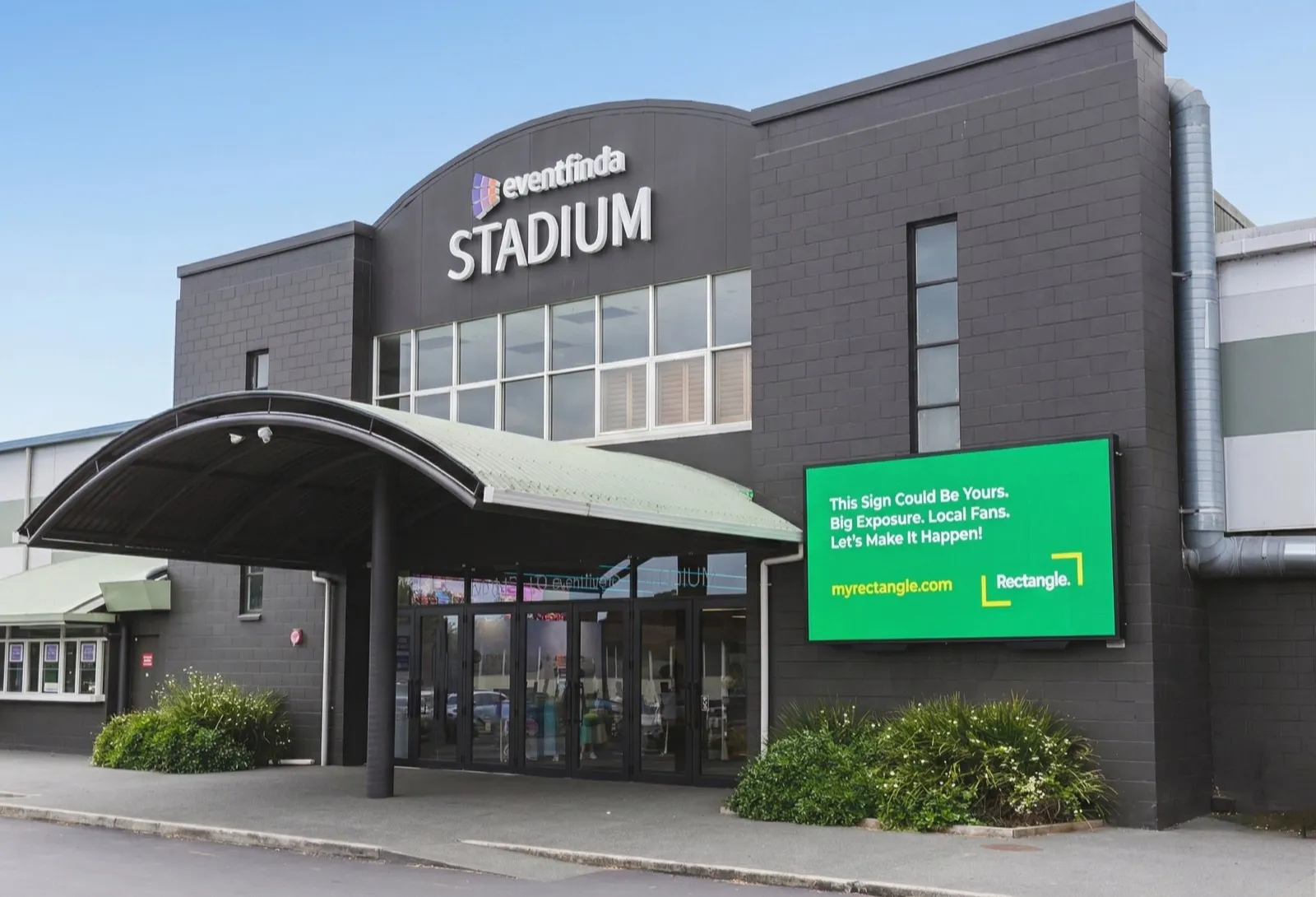 A Rectangle digital billboard on the frontage of Eventfinda Stadium as crowds arrive