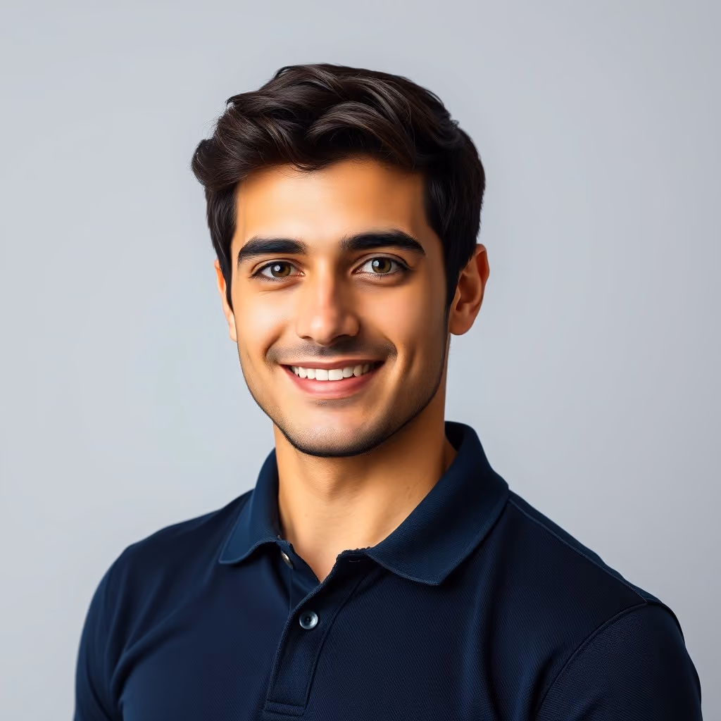 Portrait of a young man with dark hair and eyes, smiling and wearing a navy blue polo shirt against a light gray background.